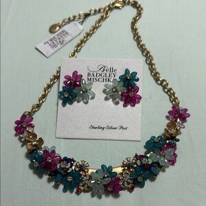 Badgley Mischka Floral Necklace and post earrings. Gold tone satin finish.